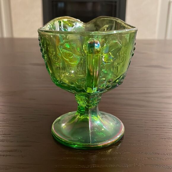 GREEN Vintage Carnival Glass Harvest Grape Vine Colony Raised Tall Creamer 4” - Picture 5 of 7